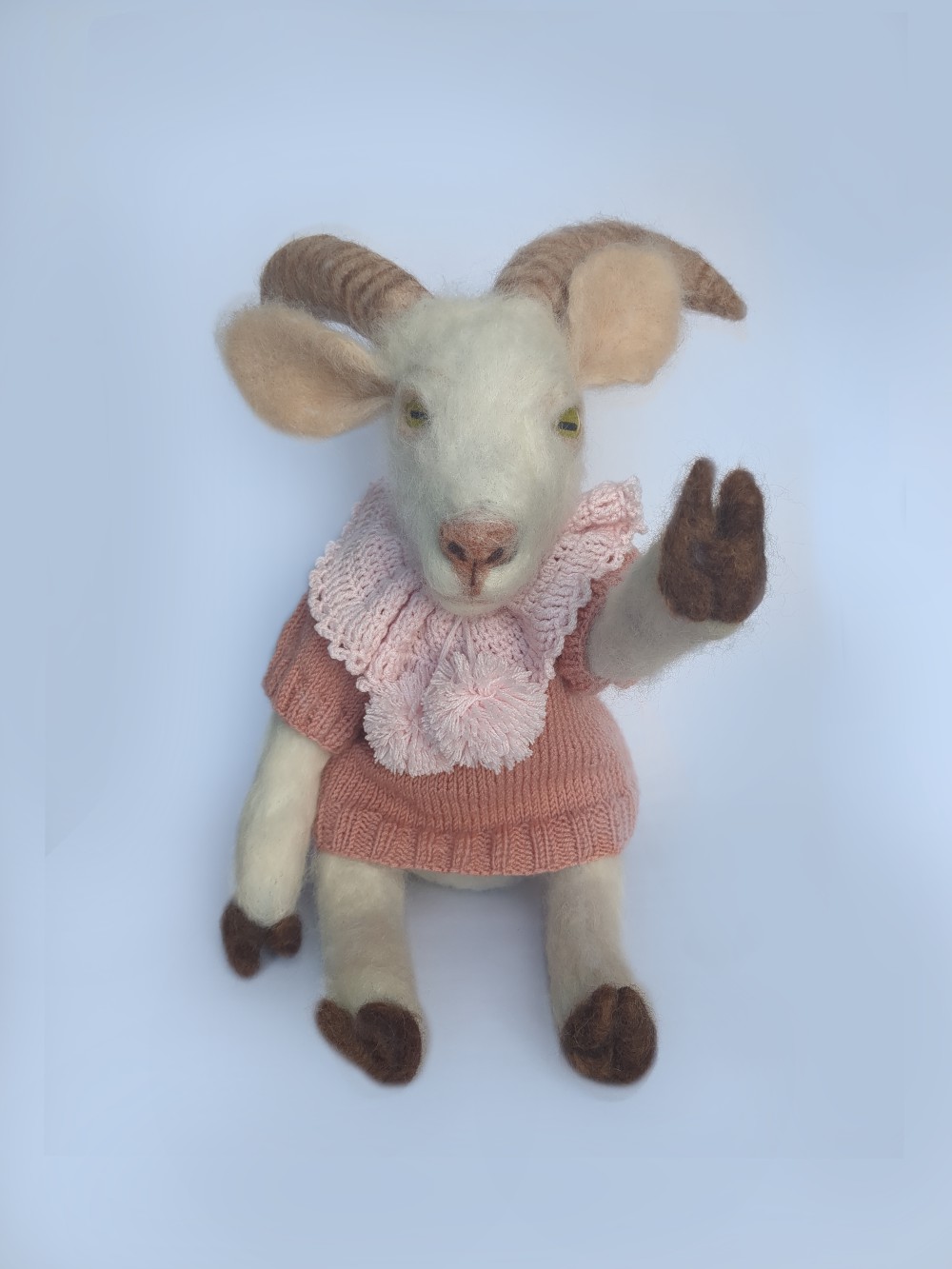 A handcrafted doll of Peace the Saanen Goat