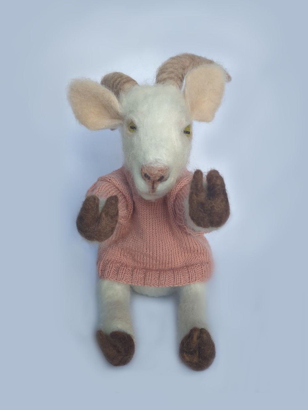A handcrafted doll of Peace the Saanen Goat